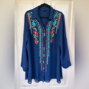 Tunique Embroidered Button Down Blouse - XL